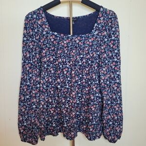 Lucky Brand Blue Floral Boho Babydoll Long Sleeve Top